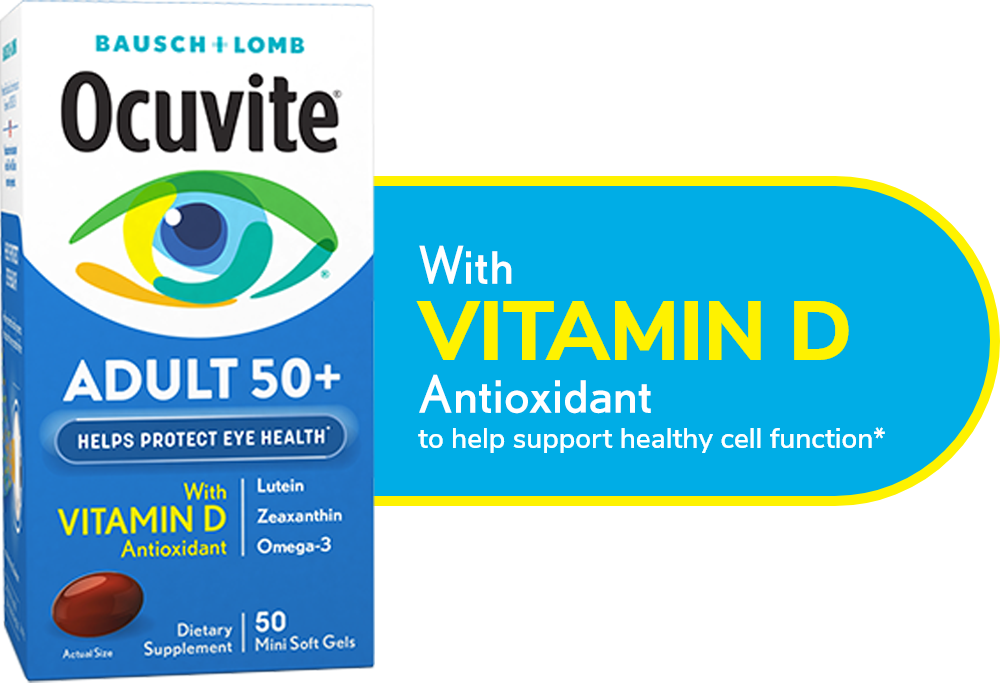 Ocuvite adult 50+ product package now with vitamin D antioxidant