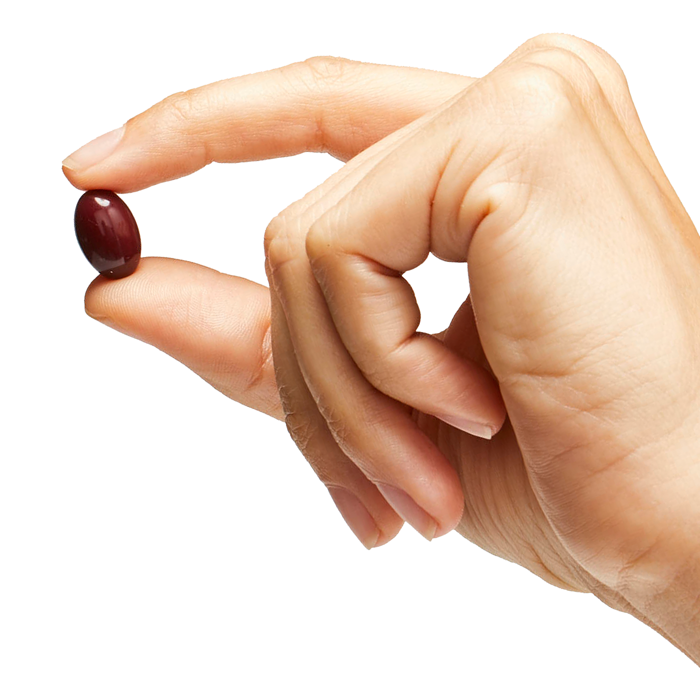 Hand holding an Ocuvite mini-gel in-between pointer finger and thumb