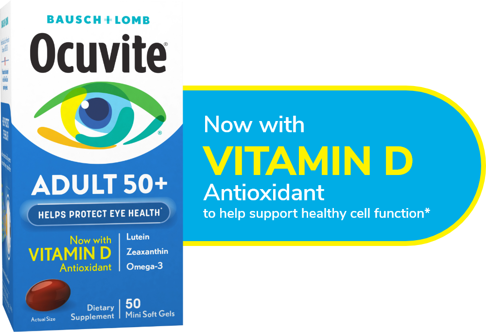 Ocuvite adult 50+ product package now with vitamin D antioxidant
